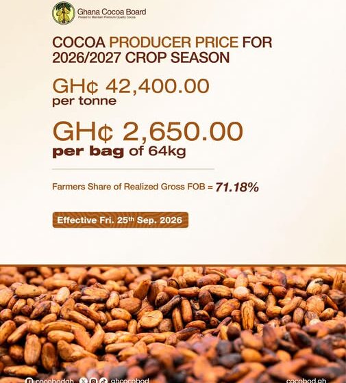COCOBOD Announces GH¢2,650 Producer Price for 2026/27 Cocoa Season